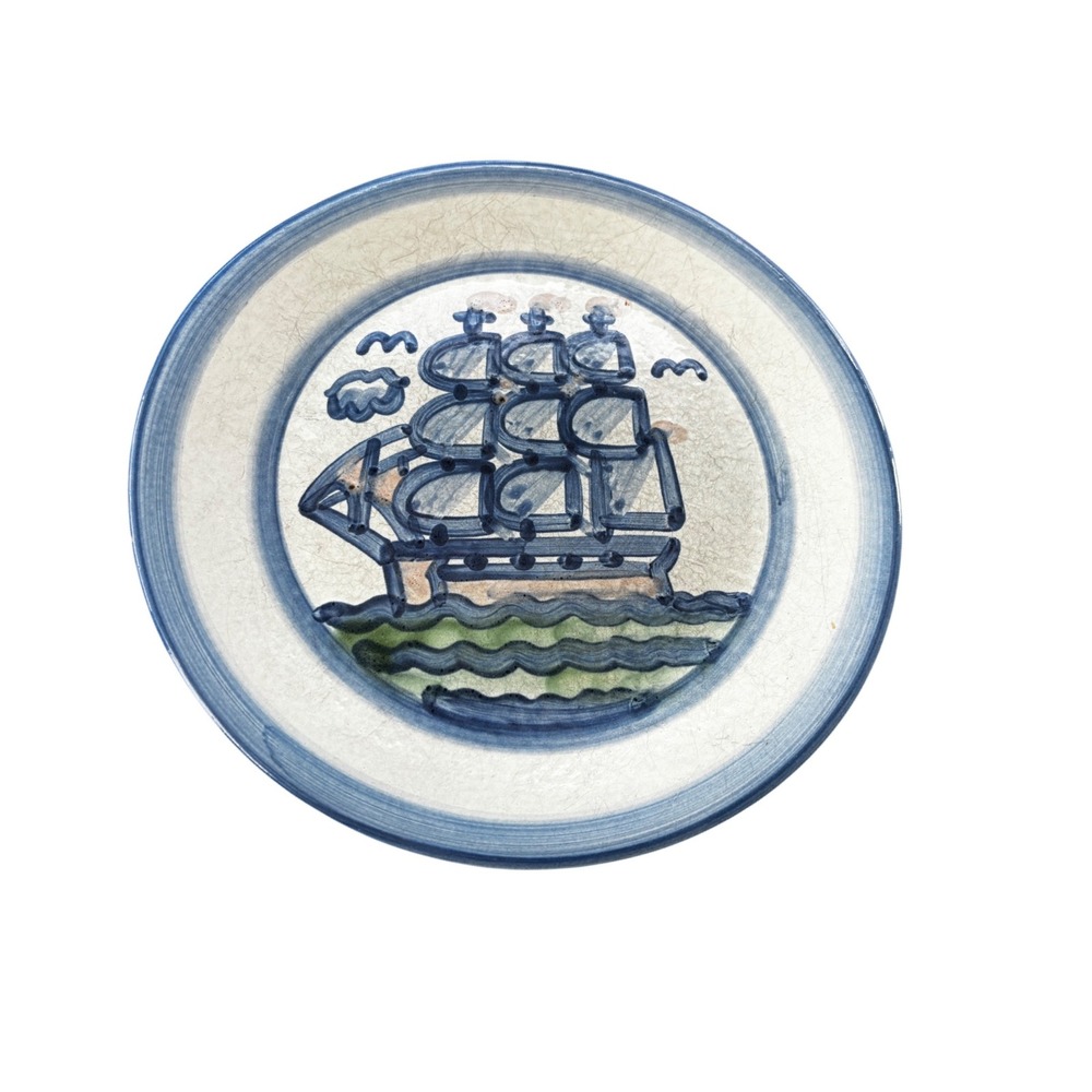 M.A. Hadley Plate 11" Blue White Vintage 70s Sailing Ship Folk Art Pottery